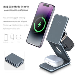 Aluminum alloy folding magsafe wireless charging stand 3-in-1 15w magnetic fast charge DS00050